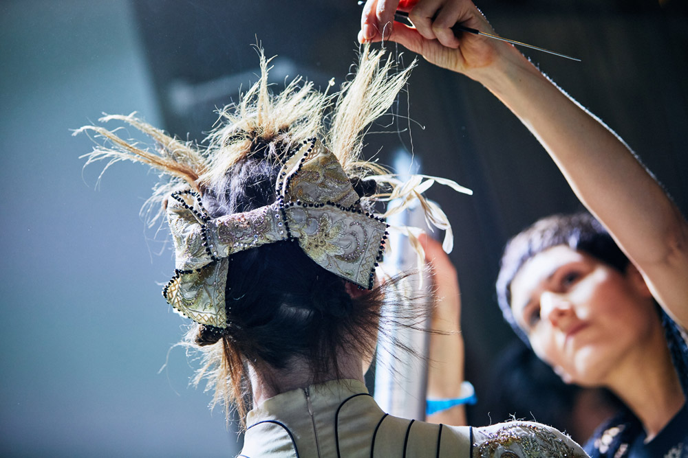 Neville create hair look for Guo Pei show for Fashion In Motion at the V&A,